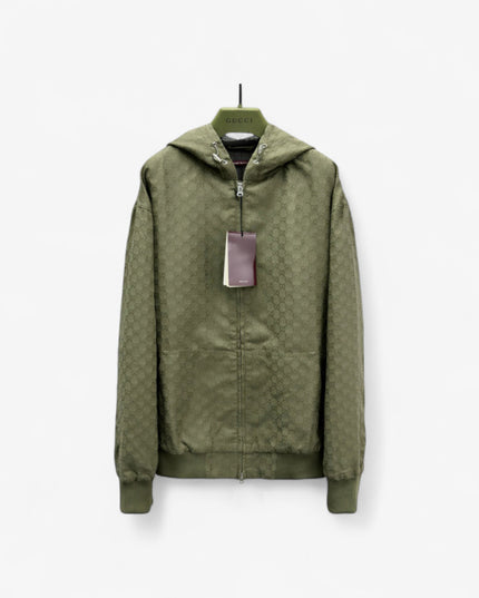Gucci Olive Green GG Monogram Zip-Up Hoodie Jacket