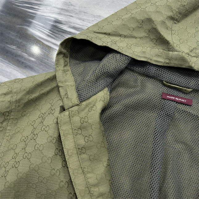 Gucci Olive Green GG Monogram Zip-Up Hoodie Jacket