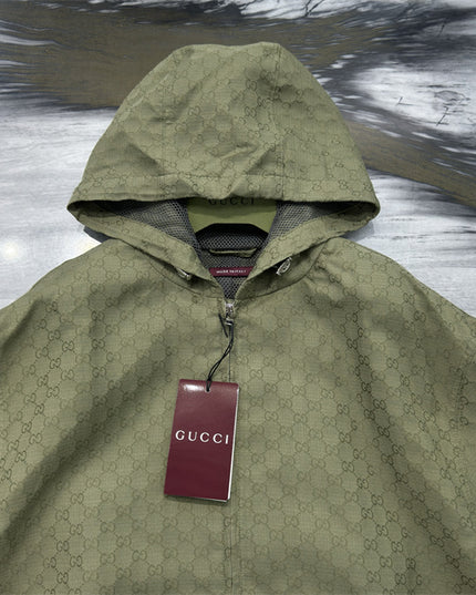 Gucci Olive Green GG Monogram Zip-Up Hoodie Jacket