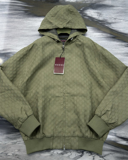 Gucci Olive Green GG Monogram Zip-Up Hoodie Jacket