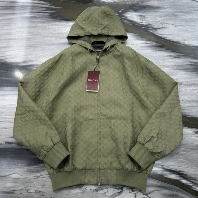 Gucci Olive Green GG Monogram Zip-Up Hoodie Jacket