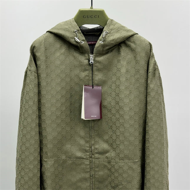 Gucci Olive Green GG Monogram Zip-Up Hoodie Jacket