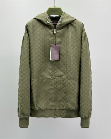 Gucci Olive Green GG Monogram Zip-Up Hoodie Jacket