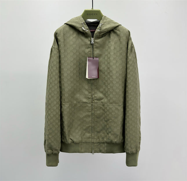 Gucci Olive Green GG Monogram Zip-Up Hoodie Jacket
