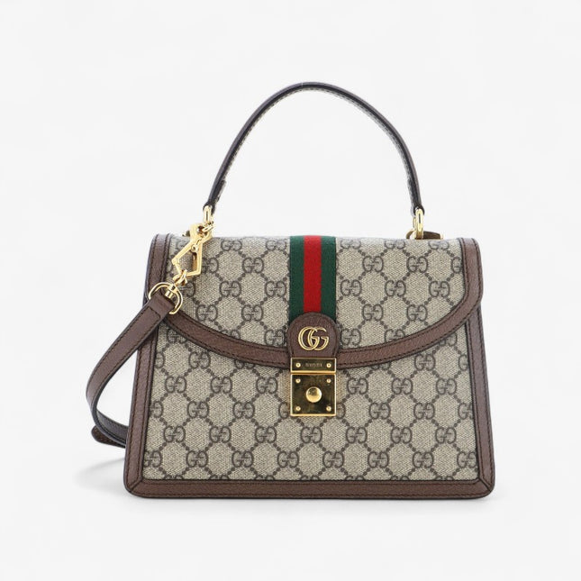 Gucci Ophidia GG Small Top Handle Bag – Beige/Brown with Web Stripe & Chain Strap