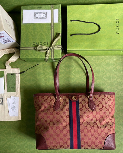 Gucci Ophidia Medium Tote With Web – Burgundy/Brown with Blue-Red Web Stripe