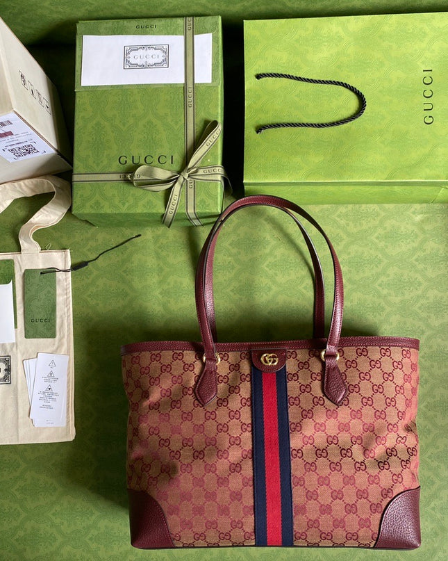 Gucci Ophidia Medium Tote With Web – Burgundy/Brown with Blue-Red Web Stripe