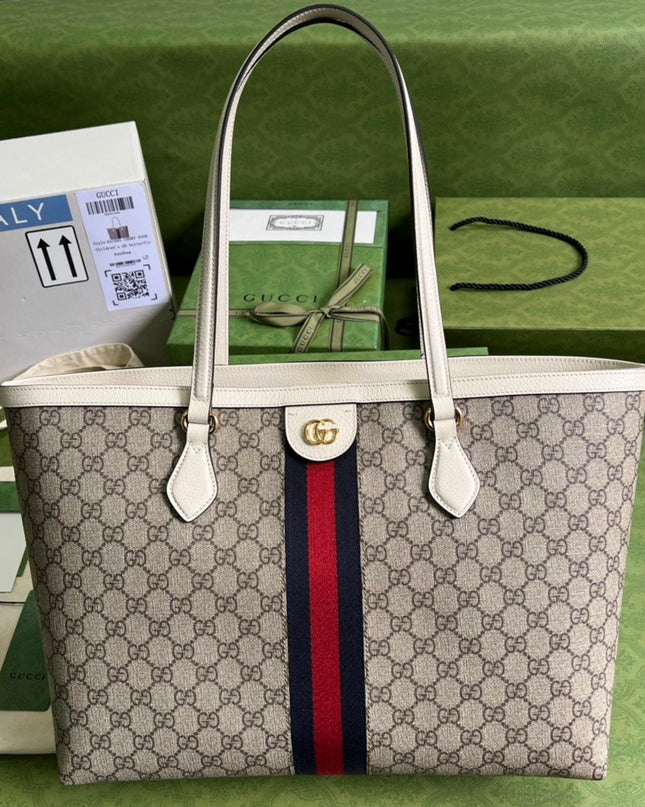 Gucci Ophidia Medium Tote With Web - Green-red-green Web Stripe