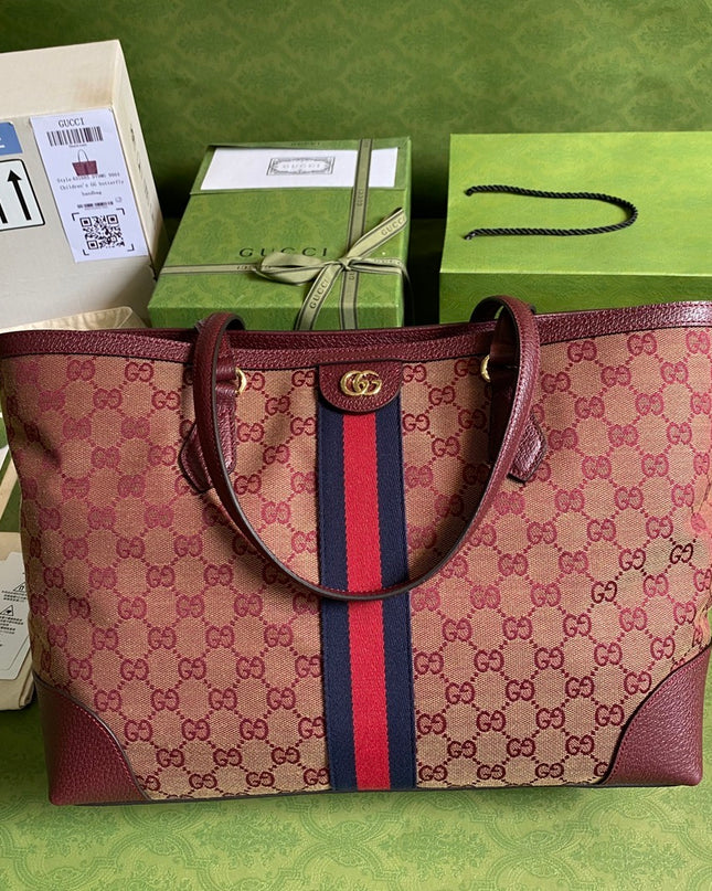 Gucci Ophidia Medium Tote With Web – Burgundy/Brown with Blue-Red Web Stripe