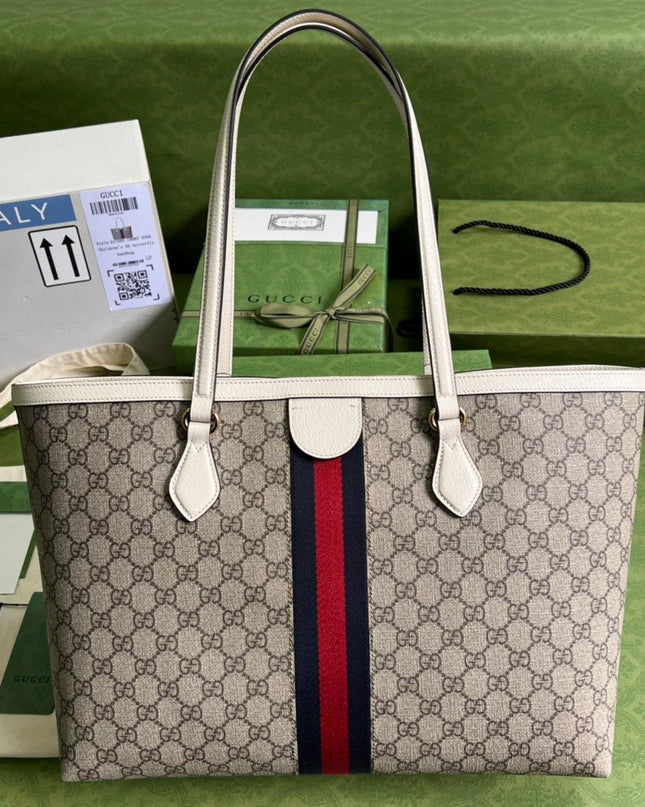 Gucci Ophidia Medium Tote With Web - Green-red-green Web Stripe
