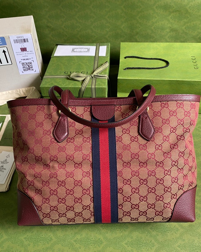 Gucci Ophidia Medium Tote With Web – Burgundy/Brown with Blue-Red Web Stripe