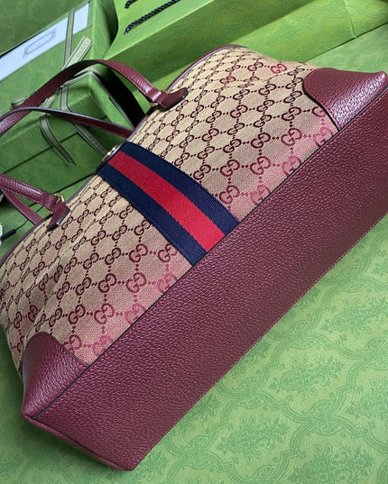 Gucci Ophidia Medium Tote With Web – Burgundy/Brown with Blue-Red Web Stripe