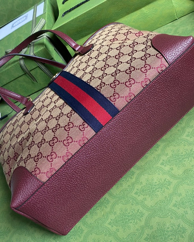 Gucci Ophidia Medium Tote With Web – Burgundy/Brown with Blue-Red Web Stripe