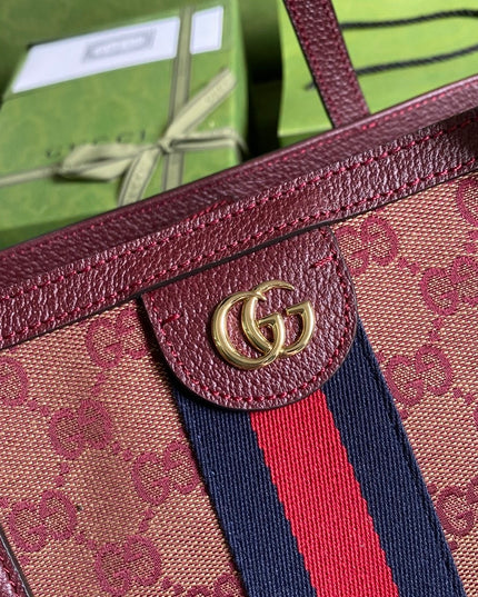 Gucci Ophidia Medium Tote With Web – Burgundy/Brown with Blue-Red Web Stripe