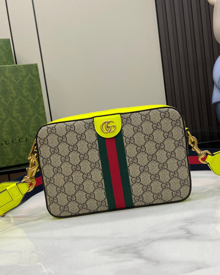 Gucci Ophidia GG Camera Bag – Neon Yellow Leather Trim