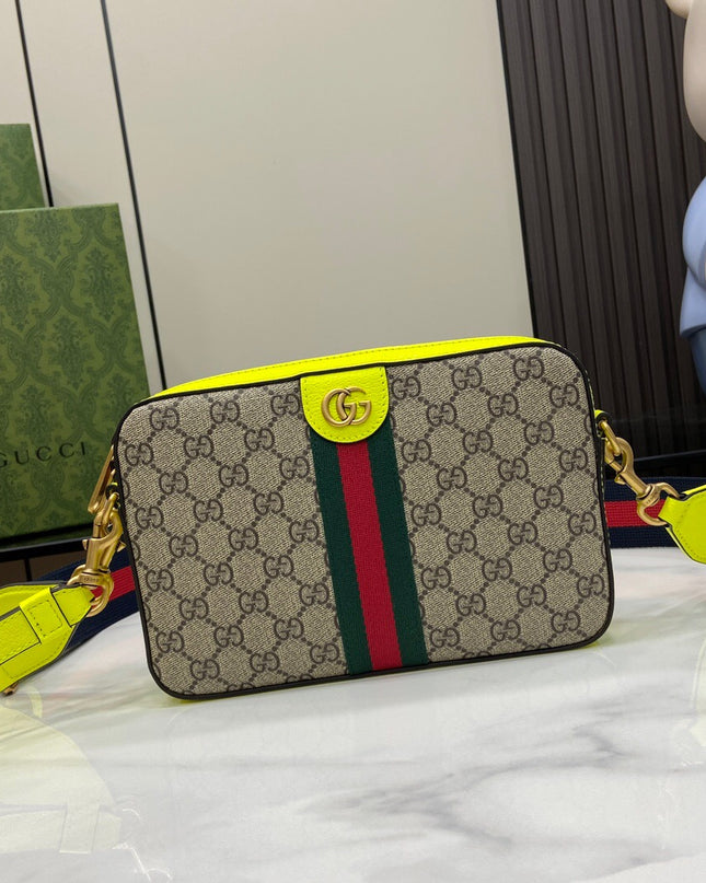 Gucci Ophidia GG Camera Bag – Neon Yellow Leather Trim