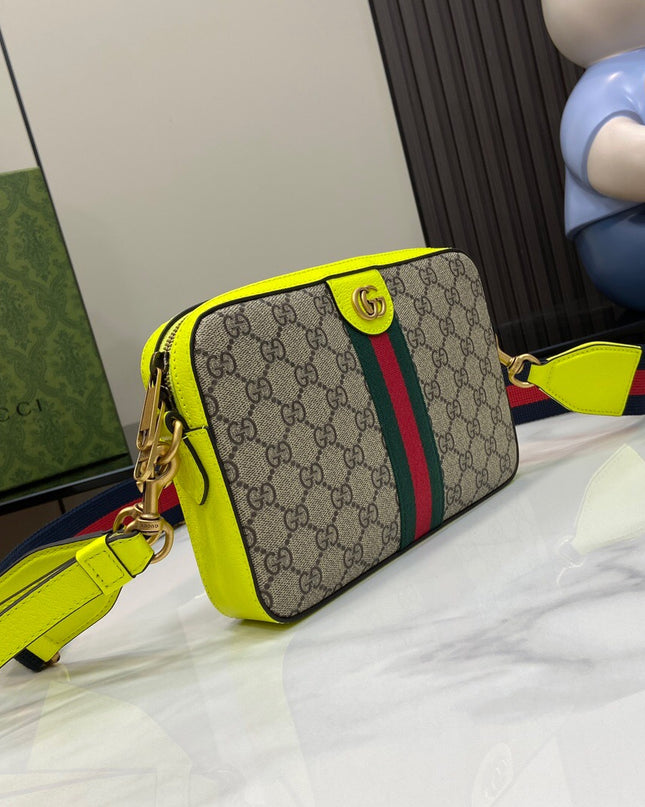 Gucci Ophidia GG Camera Bag – Neon Yellow Leather Trim