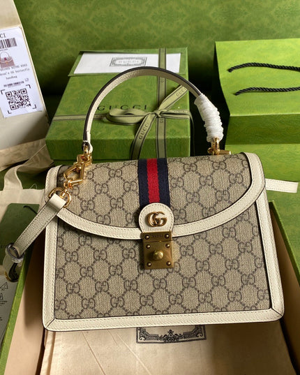 Gucci Ophidia Small Top Handle Bag  – Beige/Ebony with White Trim & Web Stripe