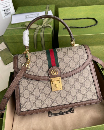 Gucci Ophidia GG Small Top Handle Bag – Beige/Brown with Web Stripe & Chain Strap