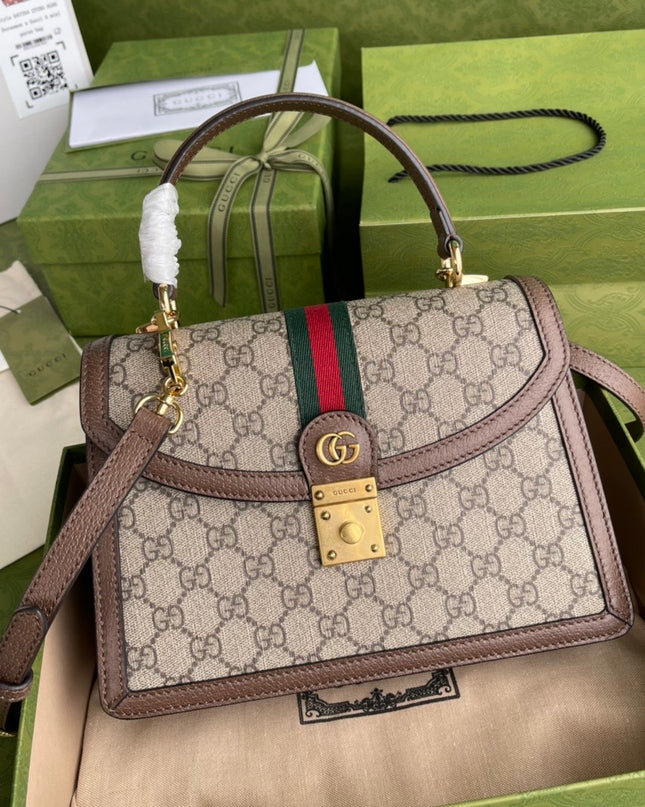 Gucci Ophidia GG Small Top Handle Bag – Beige/Brown with Web Stripe & Chain Strap