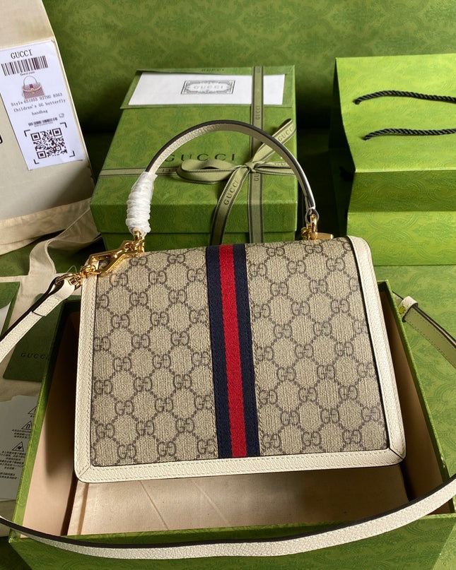 Gucci Ophidia Small Top Handle Bag  – Beige/Ebony with White Trim & Web Stripe
