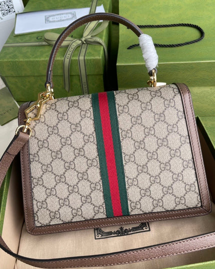 Gucci Ophidia GG Small Top Handle Bag – Beige/Brown with Web Stripe & Chain Strap