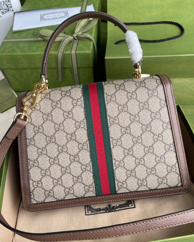 Gucci Ophidia GG Small Top Handle Bag – Beige/Brown with Web Stripe & Chain Strap