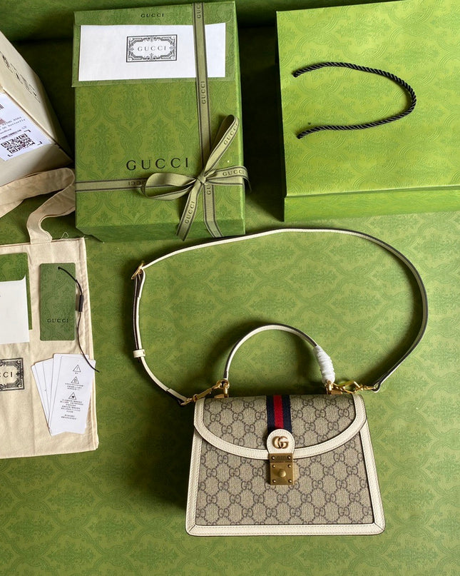 Gucci Ophidia Small Top Handle Bag  – Beige/Ebony with White Trim & Web Stripe