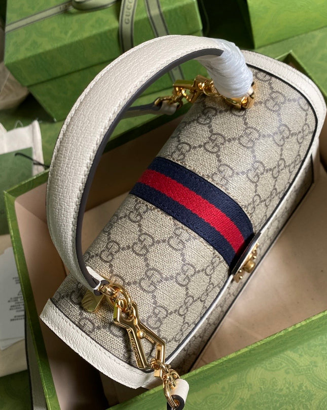 Gucci Ophidia Small Top Handle Bag  – Beige/Ebony with White Trim & Web Stripe