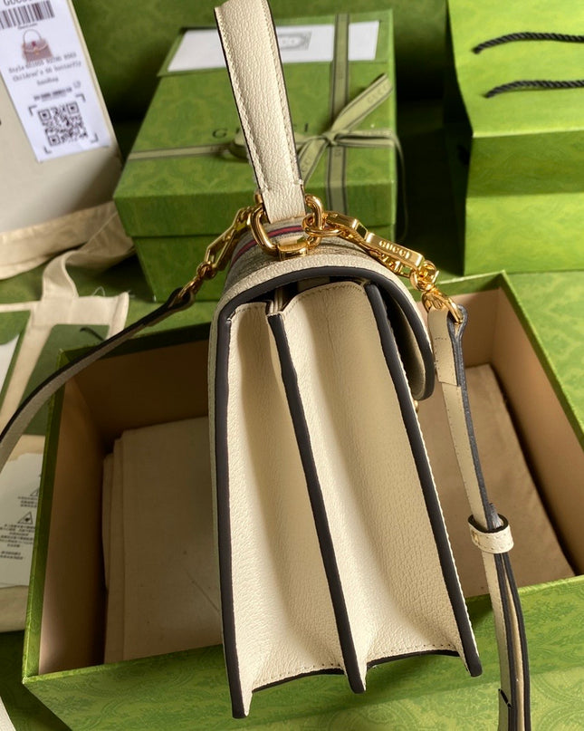 Gucci Ophidia Small Top Handle Bag  – Beige/Ebony with White Trim & Web Stripe