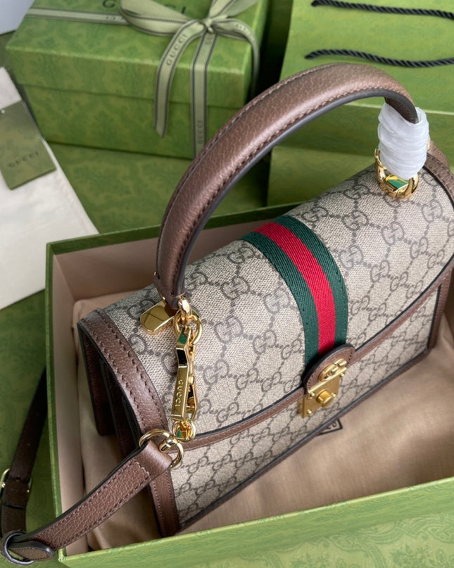 Gucci Ophidia GG Small Top Handle Bag – Beige/Brown with Web Stripe & Chain Strap