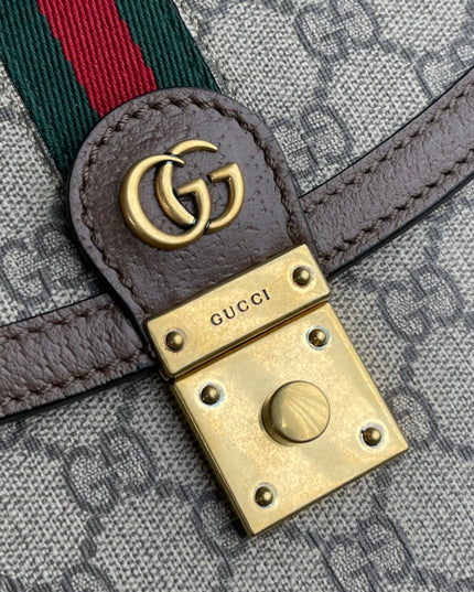Gucci Ophidia GG Small Top Handle Bag – Beige/Brown with Web Stripe & Chain Strap