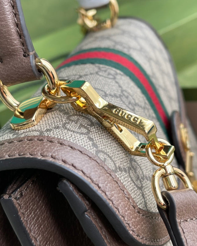 Gucci Ophidia GG Small Top Handle Bag – Beige/Brown with Web Stripe & Chain Strap
