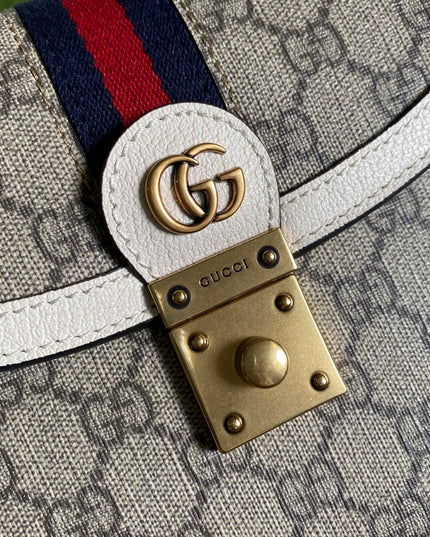 Gucci Ophidia Small Top Handle Bag  – Beige/Ebony with White Trim & Web Stripe