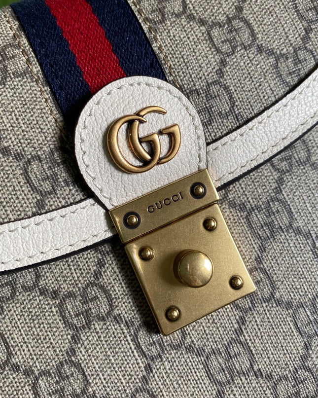 Gucci Ophidia Small Top Handle Bag  – Beige/Ebony with White Trim & Web Stripe