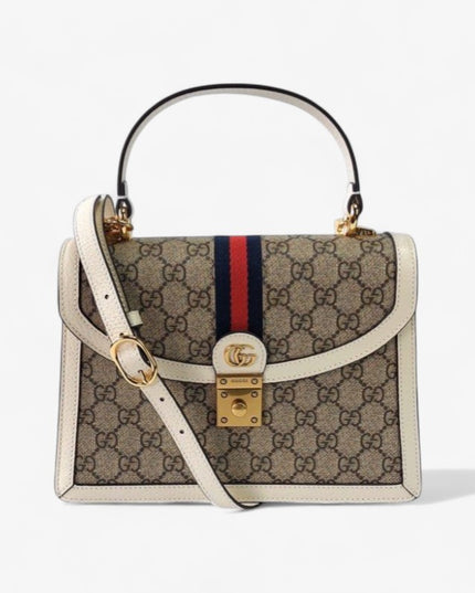 Gucci Ophidia Small Top Handle Bag  – Beige/Ebony with White Trim & Web Stripe