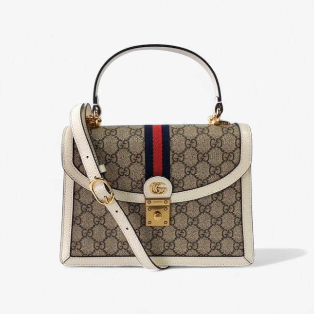 Gucci Ophidia Small Top Handle Bag  – Beige/Ebony with White Trim & Web Stripe