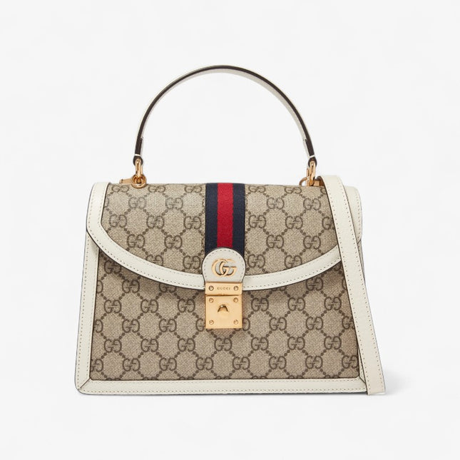 Gucci Ophidia Small Top Handle Bag  – Beige/Ebony with White Trim & Web Stripe