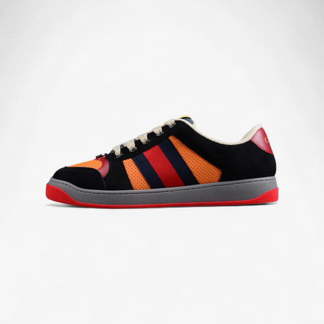 Gucci Orange-Red Perforated Sneaker with Navy Web Stripe