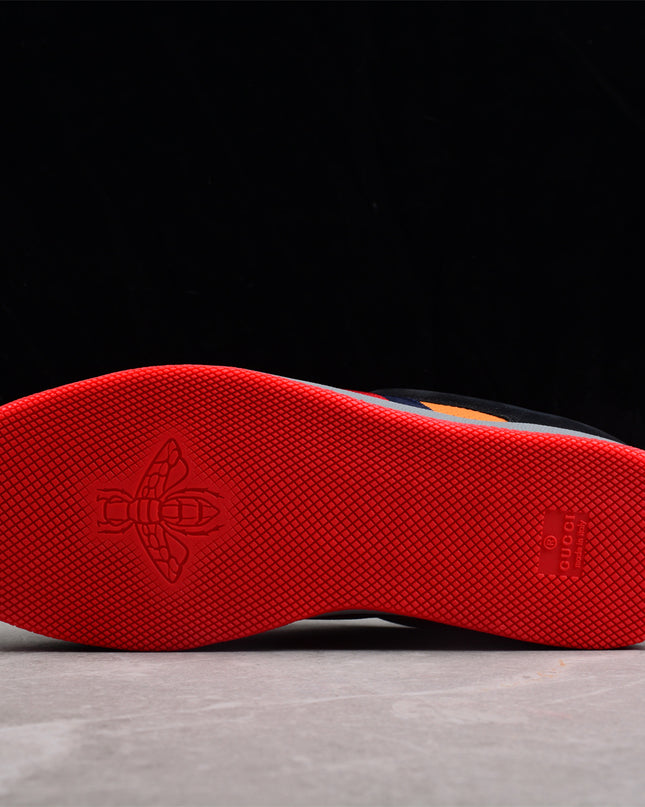 Gucci Orange-Red Perforated Sneaker with Navy Web Stripe