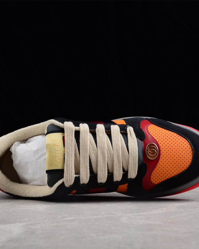 Gucci Orange-Red Perforated Sneaker with Navy Web Stripe