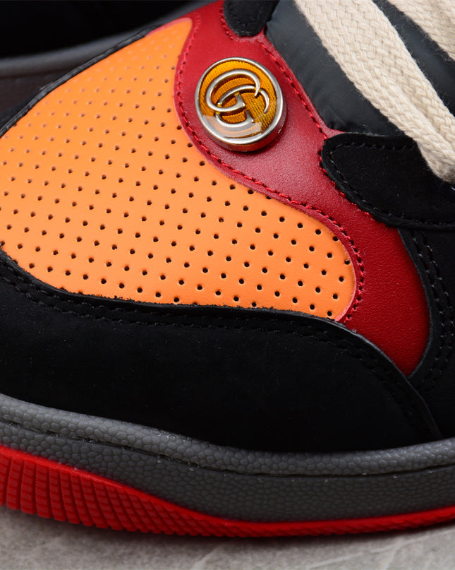 Gucci Orange-Red Perforated Sneaker with Navy Web Stripe