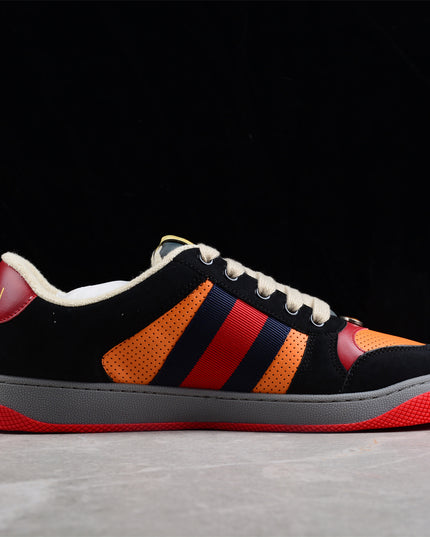 Gucci Orange-Red Perforated Sneaker with Navy Web Stripe