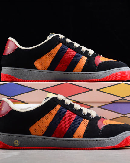 Gucci Orange-Red Perforated Sneaker with Navy Web Stripe