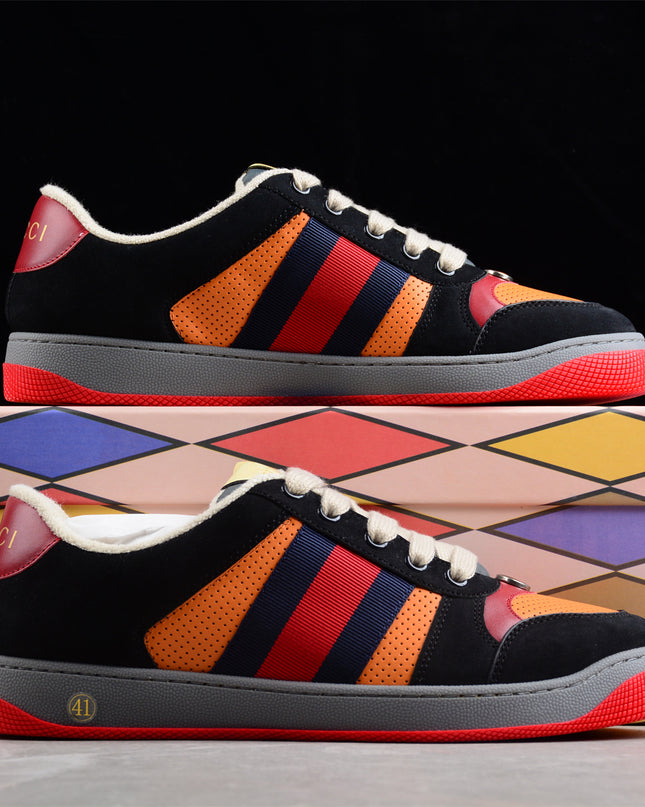 Gucci Orange-Red Perforated Sneaker with Navy Web Stripe