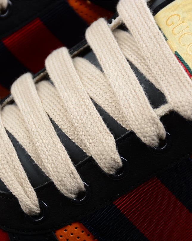 Gucci Orange-Red Perforated Sneaker with Navy Web Stripe