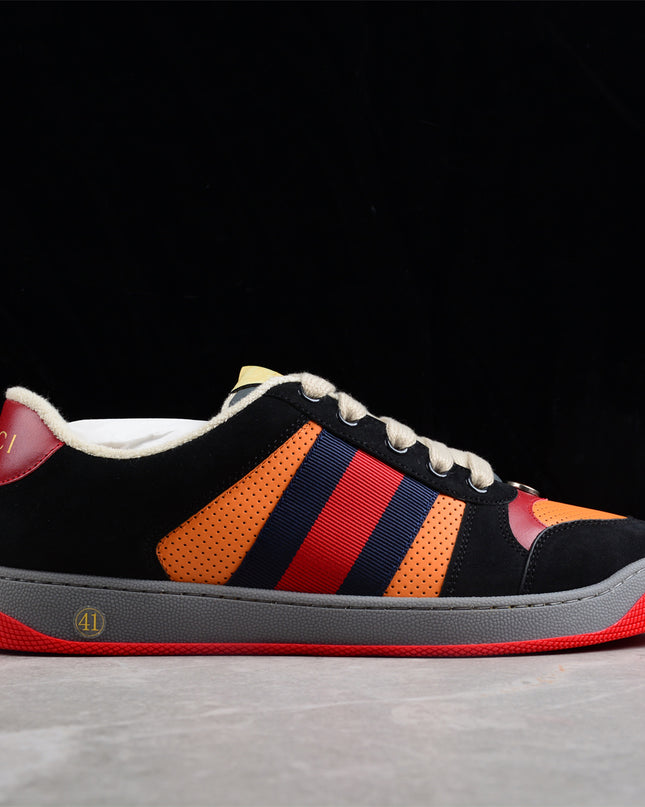 Gucci Orange-Red Perforated Sneaker with Navy Web Stripe