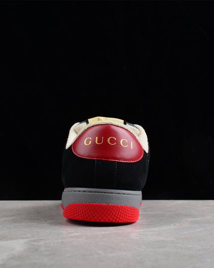 Gucci Orange-Red Perforated Sneaker with Navy Web Stripe