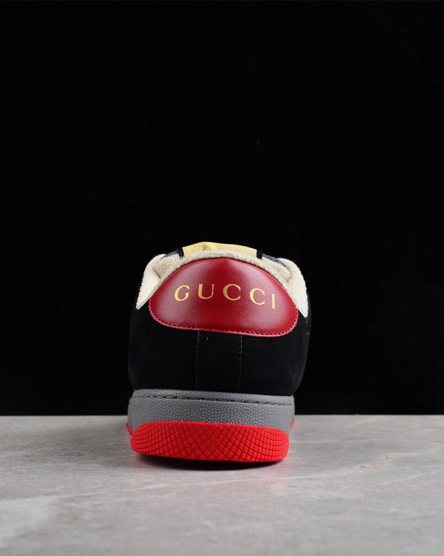 Gucci Orange-Red Perforated Sneaker with Navy Web Stripe