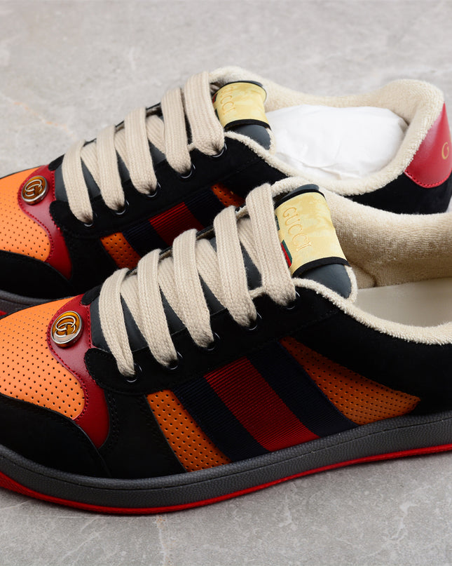 Gucci Orange-Red Perforated Sneaker with Navy Web Stripe